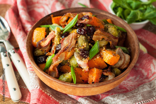 Roasted pumpkin with brussels sprouts and bacon