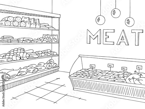 Meat store graphic shop interior black white sketch illustration vector