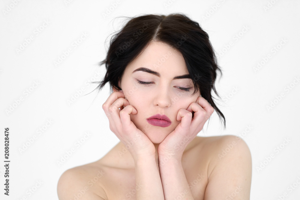 emotion face. thoughtful wistful pensive sad woman. young beautiful brunette girl portrait on white background. emotion face. thoughtful wistful pensive sad woman. young beautiful brunette girl portrait on white background.