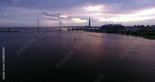 Aerial drone view of the beautiful sunset over the Gulf of Finland and world cup 2018 football stadium.  Saint Petersburg, Russia