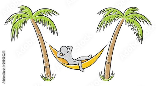 Ein Comic-Männchen in einer gelben Hängematte zwischen zwei Palmen / Schraffierte Vektor-Zeichnung