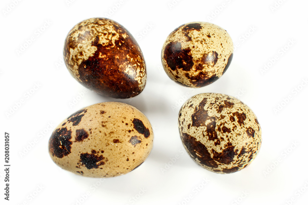 Four quail eggs isolated on white background.
