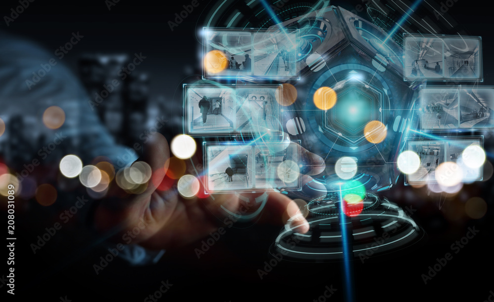 Businessman using futuristic drone security camera 3D rendering Businessman using futuristic drone security camera 3D rendering