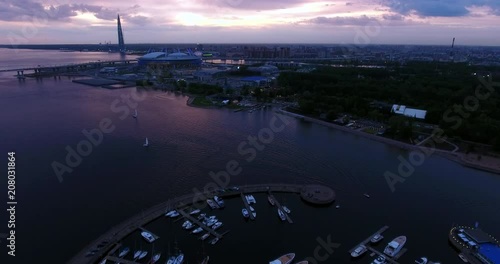 Aerial drone view of the beautiful sunset over the Gulf of Finland and world cup 2018 football stadium.  Saint Petersburg, Russia
