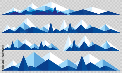 Mountains low poly style set. Polygonal mountain ridges.