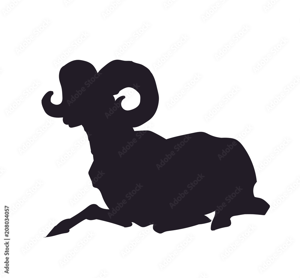 mountain ram lying, silhouette, vector