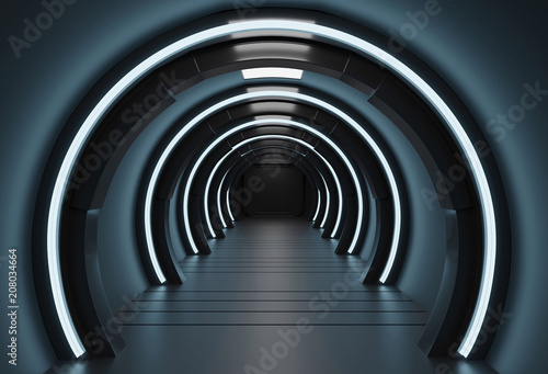 Fototapeta Naklejka Na Ścianę i Meble -  3D rendering futuristic elements of this image furnished ,Spaceship dark interior with view,tunnel,corridor