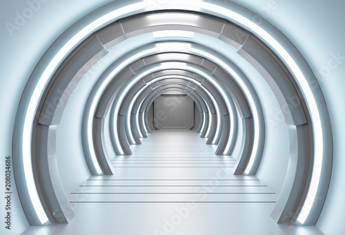 Fototapeta Naklejka Na Ścianę i Meble -  3D rendering futuristic elements of this image furnished ,Spaceship blue interior with view,tunnel,corridor