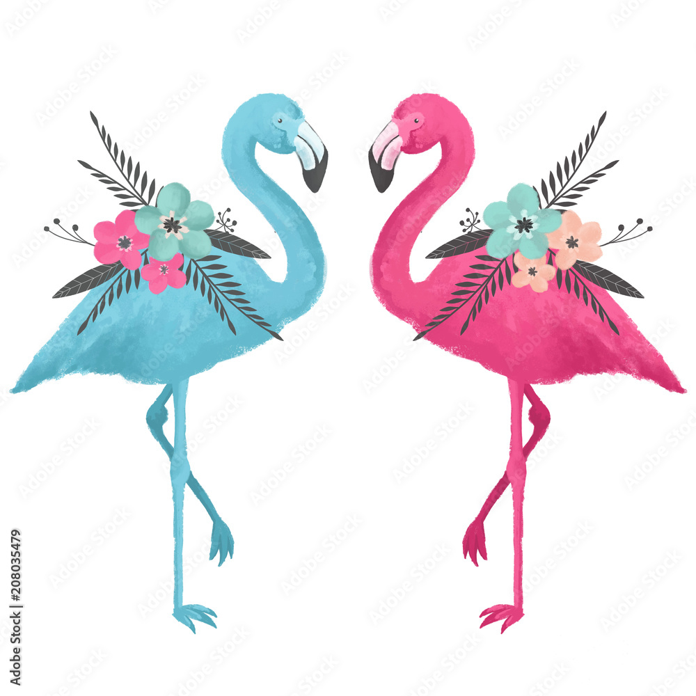 Summer print pink and blue flamingo with flowers. Summer print pink and blue flamingo with flowers.