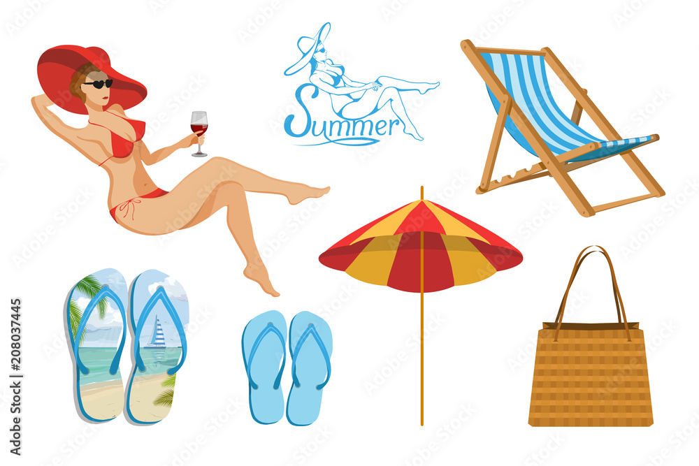 Set for summer vacation design - chaise longue, beach slippers, beach bag, umbrella protecting from the sun. Summer holiday. Beautiful girl in a swimsuit and hat. Vector graphics to design.