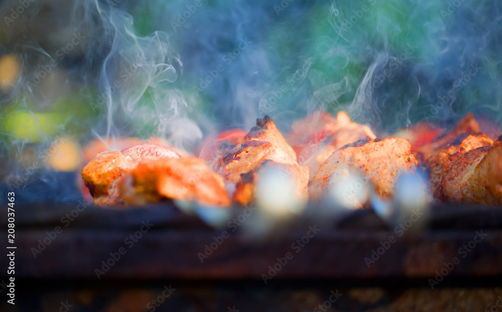 Meat And Vegetable Kebabs On The Hot BBQ Grill. Flaming Charcoal In The Background. Snack For Outdoor Summer Barbeque Party.