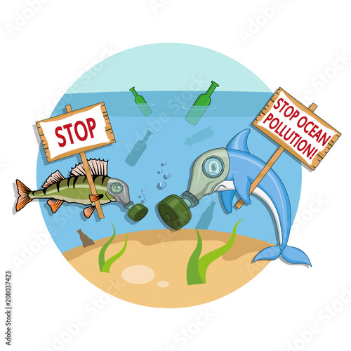 Ocean pollution concept. Dolphin in a gas mask asks to stop the pollution of the ocean. Vector graphics to design.