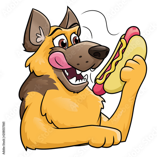 Dog is holding a hot dog
