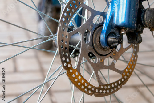 Mountain bike wheel with disc brake close up