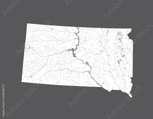 U.S. states - map of South Dakota. Please look at my other images of cartographic series - they are all very detailed and carefully drawn by hand WITH RIVERS AND LAKES.