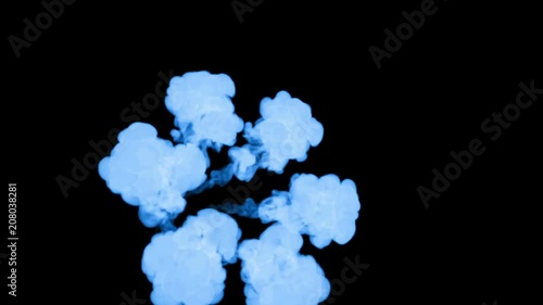 blue ink dissolves in water on black background with luma matte. 3d render of computer simulation. Inks inject in water. circular structure 3 photo