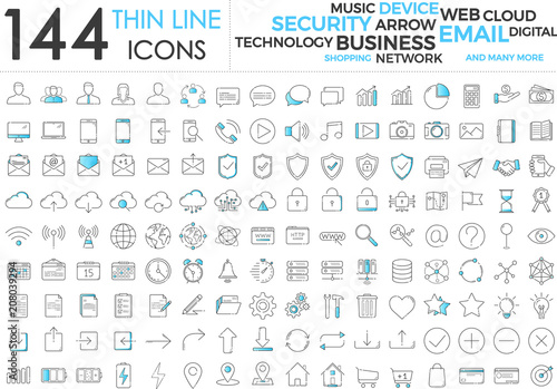 Black and blue business thin line icons set on white background