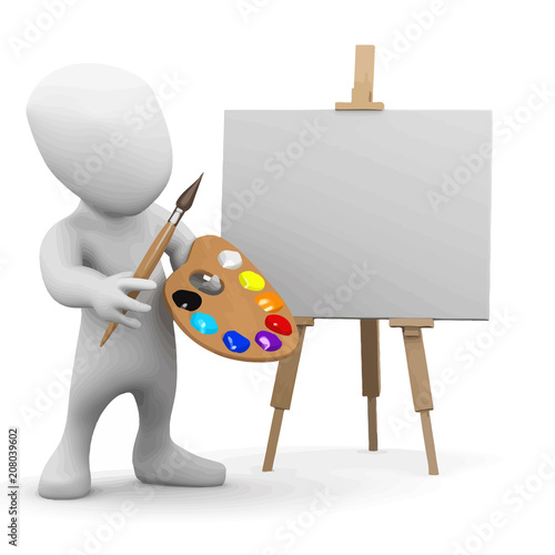 Vector 3d Little man is an artist with an easel