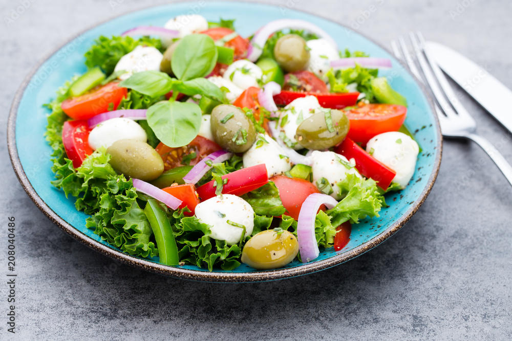 Vegetable salad with cheese mozzarella, tomatoes, basilikum and spice. Vegetable salad with cheese mozzarella, tomatoes, basilikum and spice.