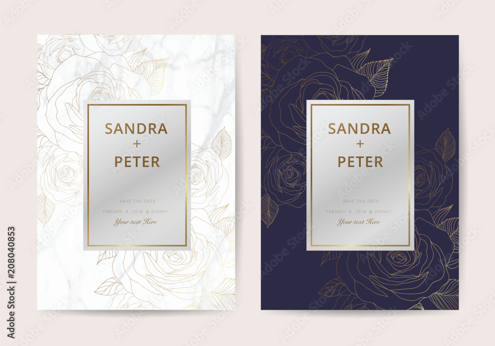Luxury wedding invitation cards with gold marble texture and rose flower geometric pattern vector design template