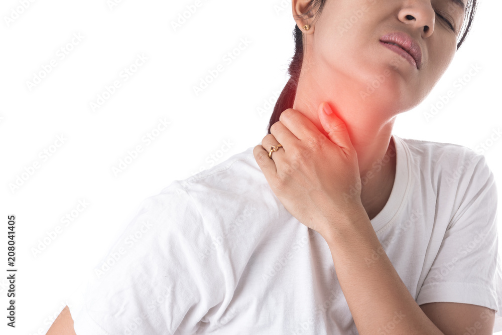 pain. girl holds neck in his hands. isolated pain. girl holds neck in his hands. isolated