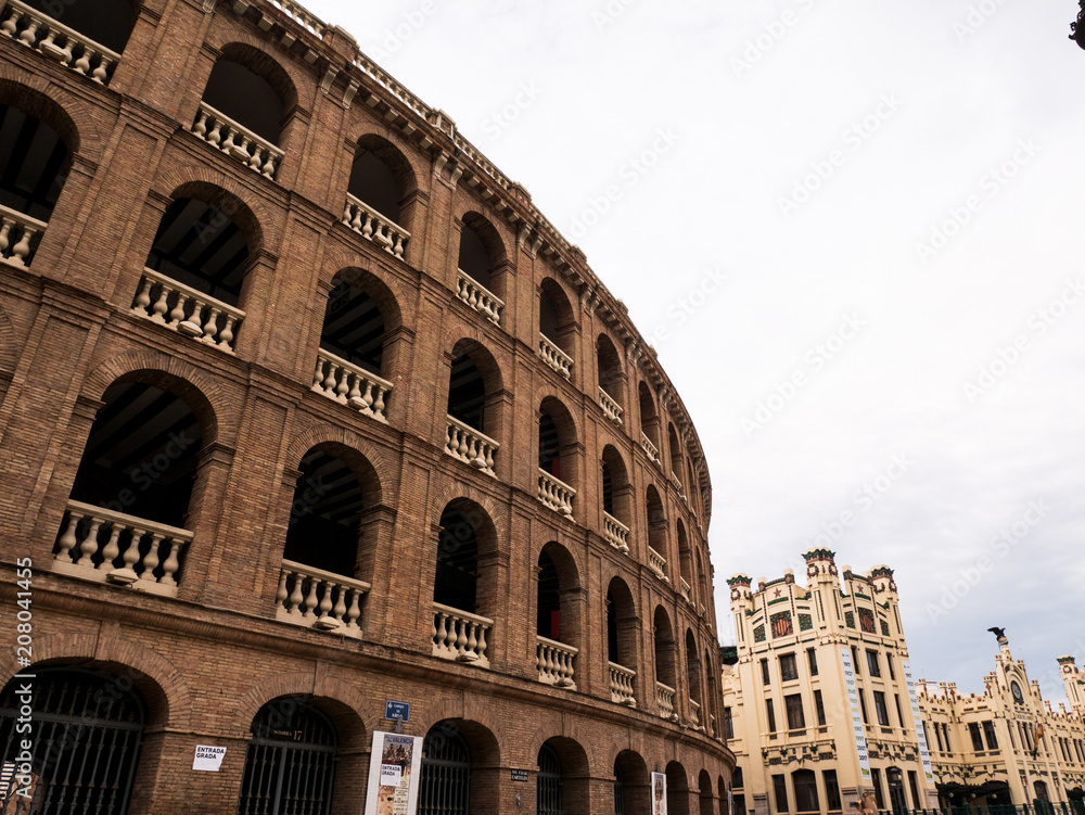 Spanish-style bullfighting facade in Valencia, Spain