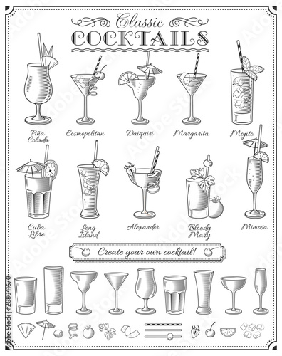 famous Cocktails vector illustrations set photo