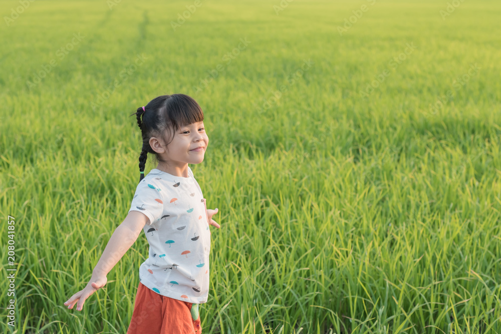 open arms little happy girl green meadow rice field open arms little happy girl green meadow rice field