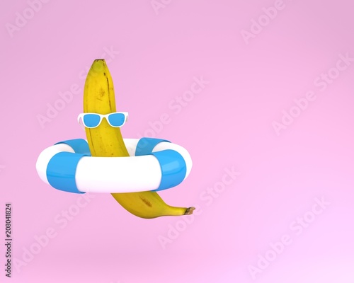 Creative summer layout made of banana with blue pool float and sunglasses on pink pastel background. minimal fruit concept idea.