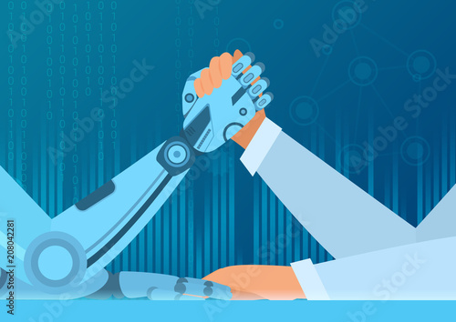 Human arm wrestling with robot. The struggle of man vs robot. Artificial Intelligence vector illustration concept.