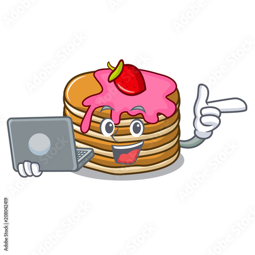 With laptop pancake with strawberry character cartoon photo