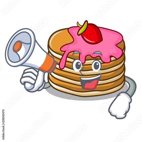With megaphone pancake with strawberry character cartoon
