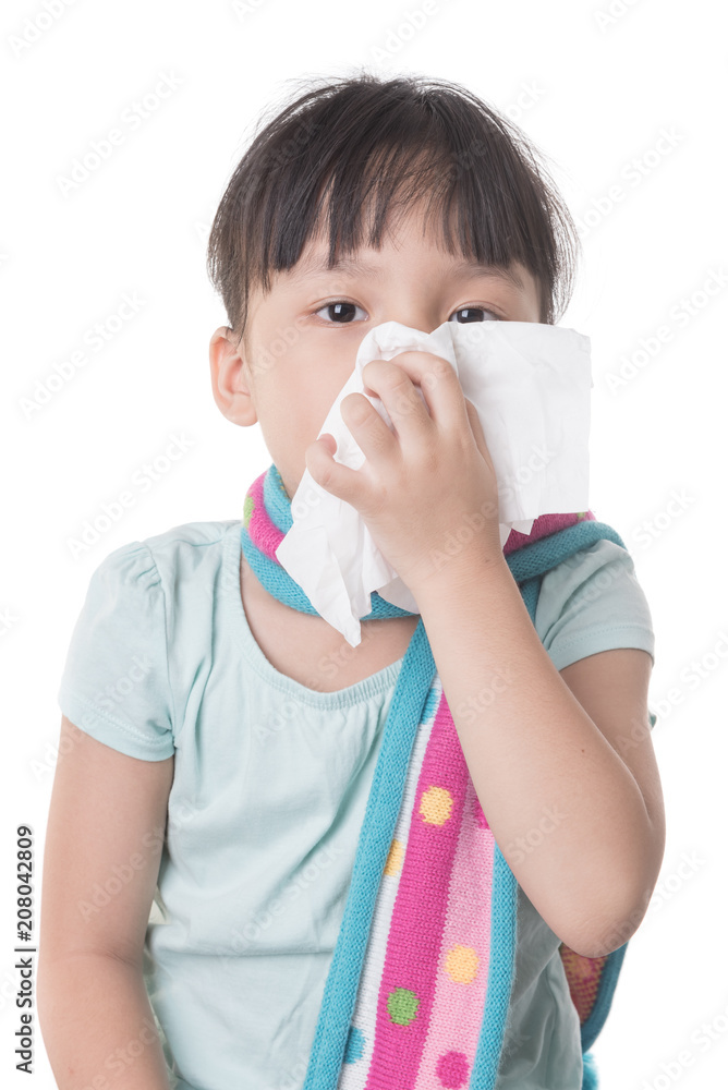 sick girl with a paper handkerchief on a white background sick girl with a paper handkerchief on a white background