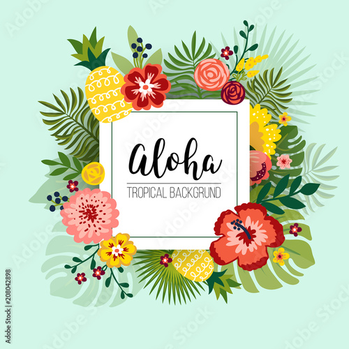 Summer tropical leaves poster design, vector background