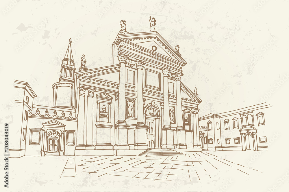 vector sketch of the Cathedral of San Giorgio Maggiore, Venice, Italy. Retro style.