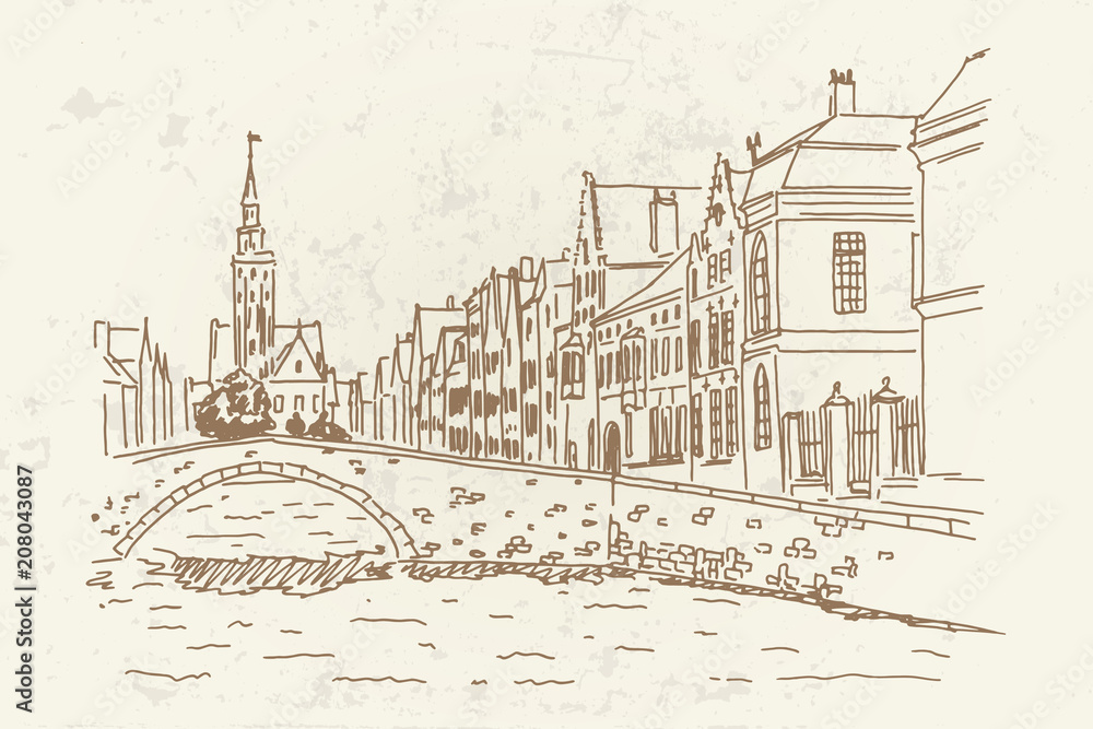 Vector sketch of Traditional architecture in the town of Bruges (Brugge), Belgium. Retro Style.