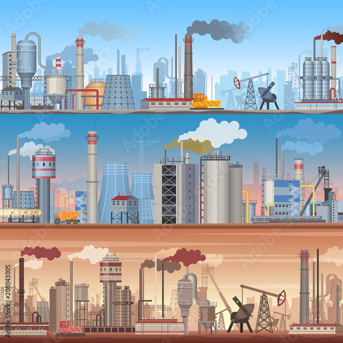 Set of realistic detailed Industrial web banner backgrounds. Vector industrial factory infographic templates.