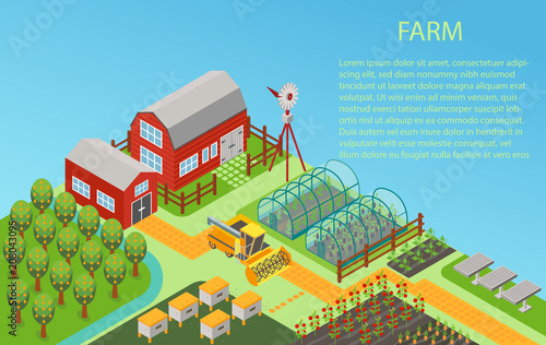 Vector 3d isometric rural farm concept background with mill, garden field, trees, tractor combine harvester, house, windmill and warehouse.