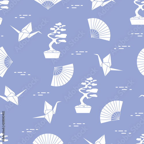 Pattern. Bonsai trees  origami cranes  fans.
