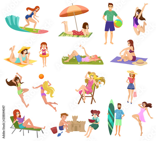 Vector Anime style beautiful young people and kids set on beach isolated. Playing, jogging, surfing and relaxing.