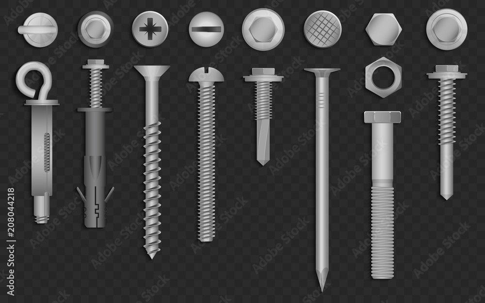 Realistic 3d vector screws, nuts, bolts, rivets and nails for fastening and  fixing on black alpha transperant background. Stock Vector