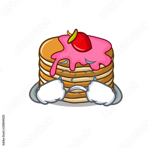 Crying pancake with strawberry mascot cartoon