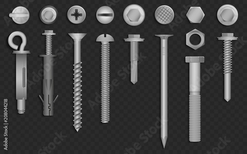 Realistic 3d vector screws, nuts, bolts, rivets and nails for fastening and fixing on black alpha transperant background.