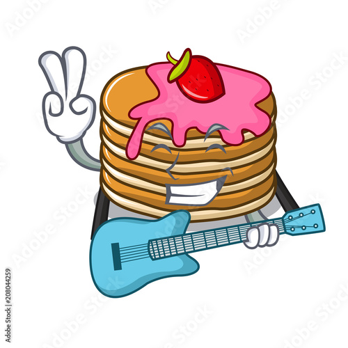 With guitar pancake with strawberry mascot cartoon