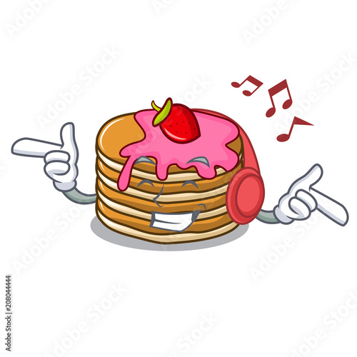 Listening music pancake with strawberry mascot cartoon