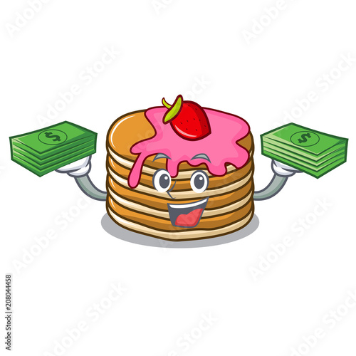 With money bag pancake with strawberry mascot cartoon
