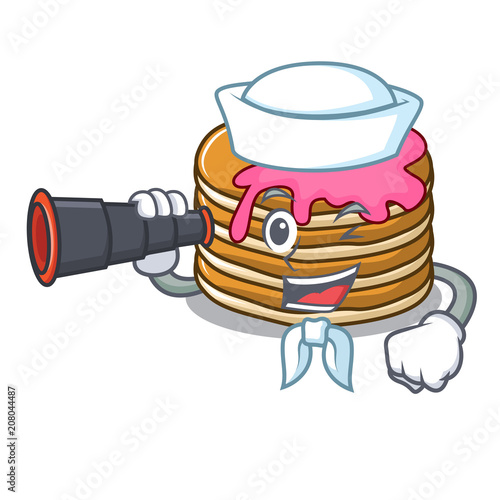 Sailor with binocular pancake with strawberry mascot cartoon
