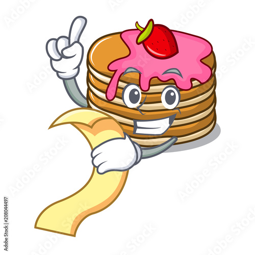With menu pancake with strawberry mascot cartoon