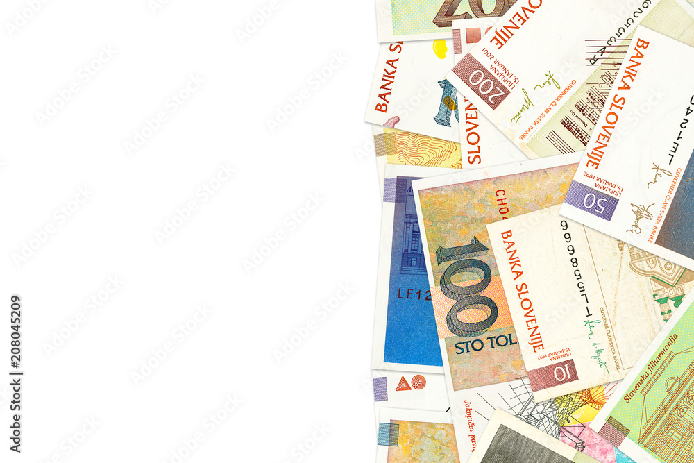 some slovenian tolar banknotes with copyspace