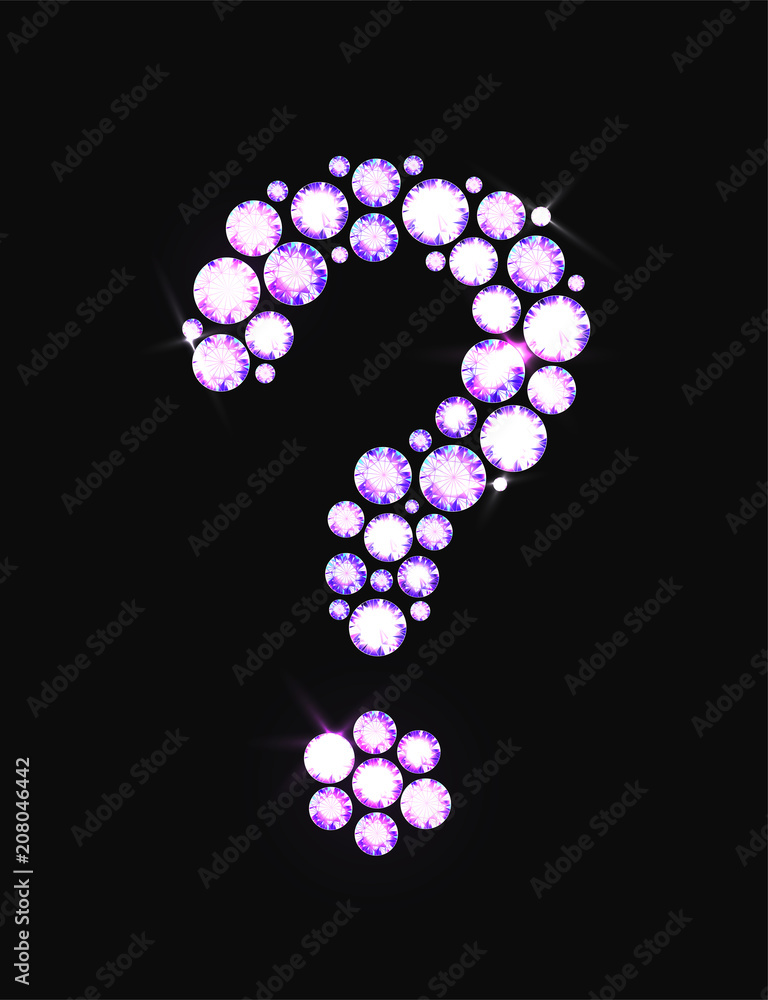 Question mark icon made with precious gems or rhinestones on black background